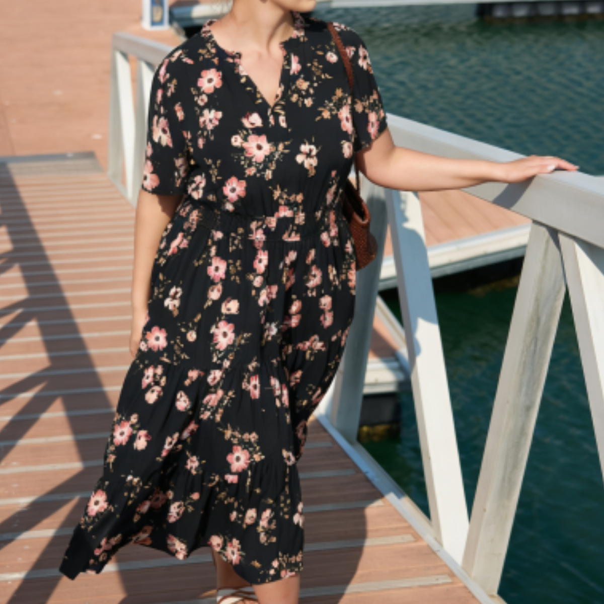 Floral Print Smocked Waist Midi Dress