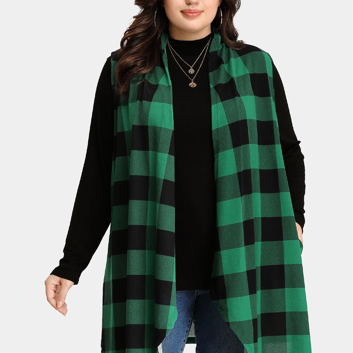 Langer ärmelloser Mantel mit Karomuster und Streifen