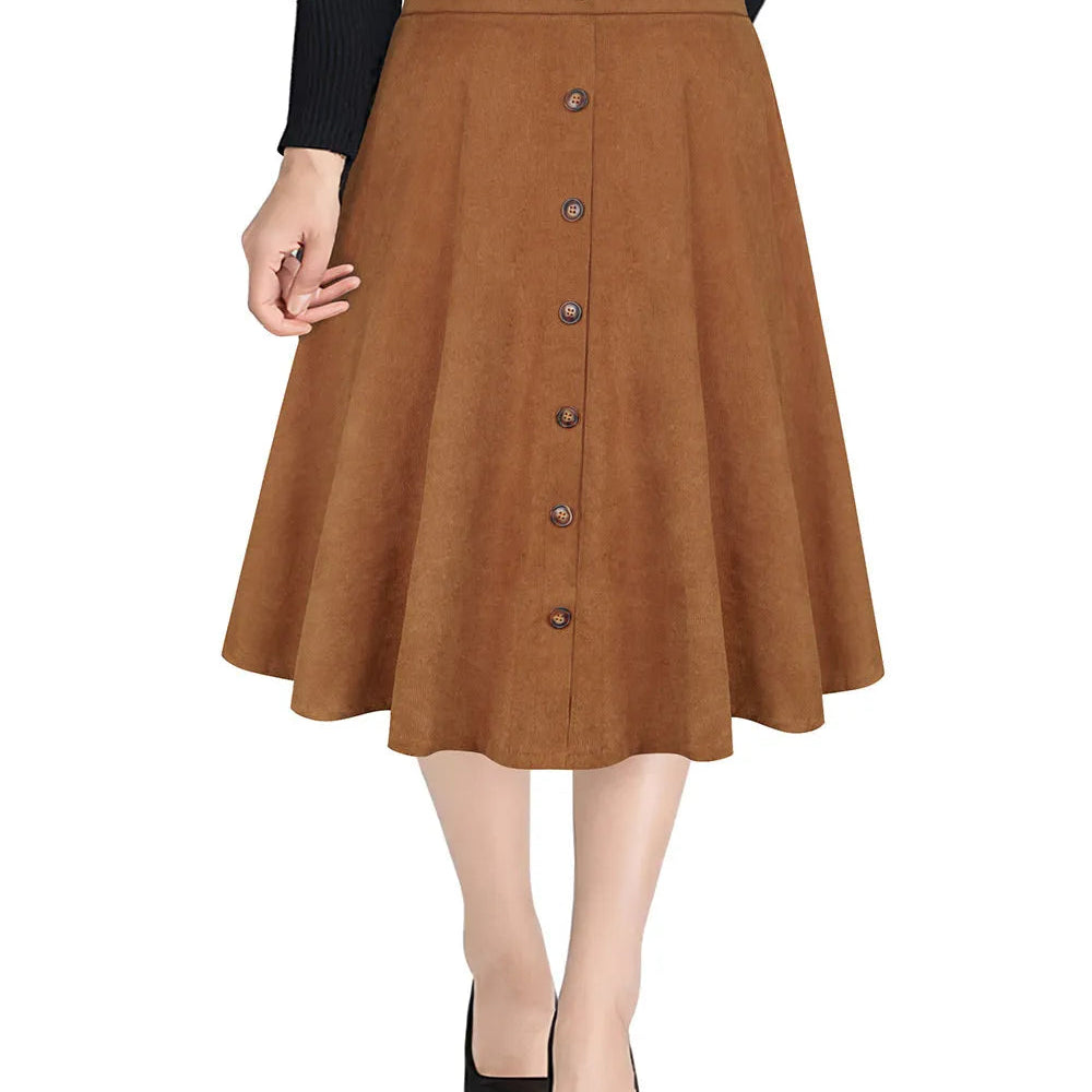 Jupe mi-longue à taille haute avec fermeture éclair et détails à boutons unis