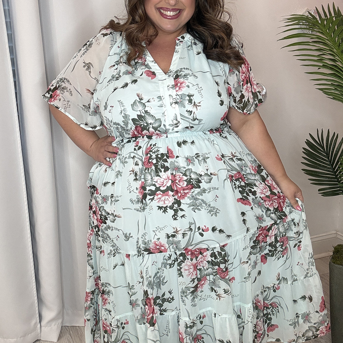Floral Ruffled Sleeve Tiered Midi Dress