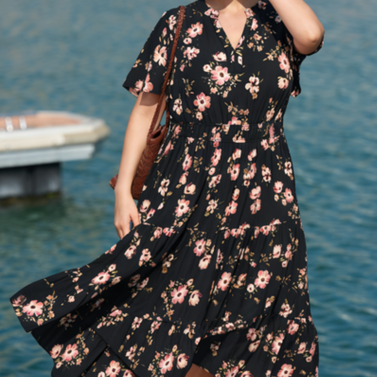Floral Print Smocked Waist Midi Dress