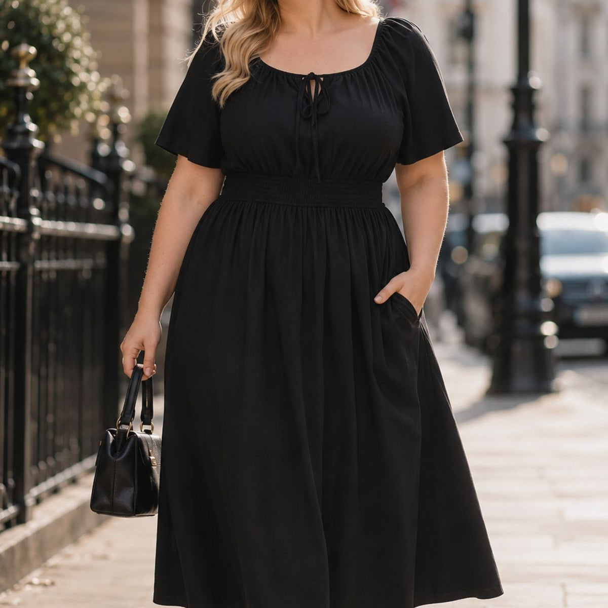 Soft Puff Sleeve Tie Front Square Neck Midi Dress