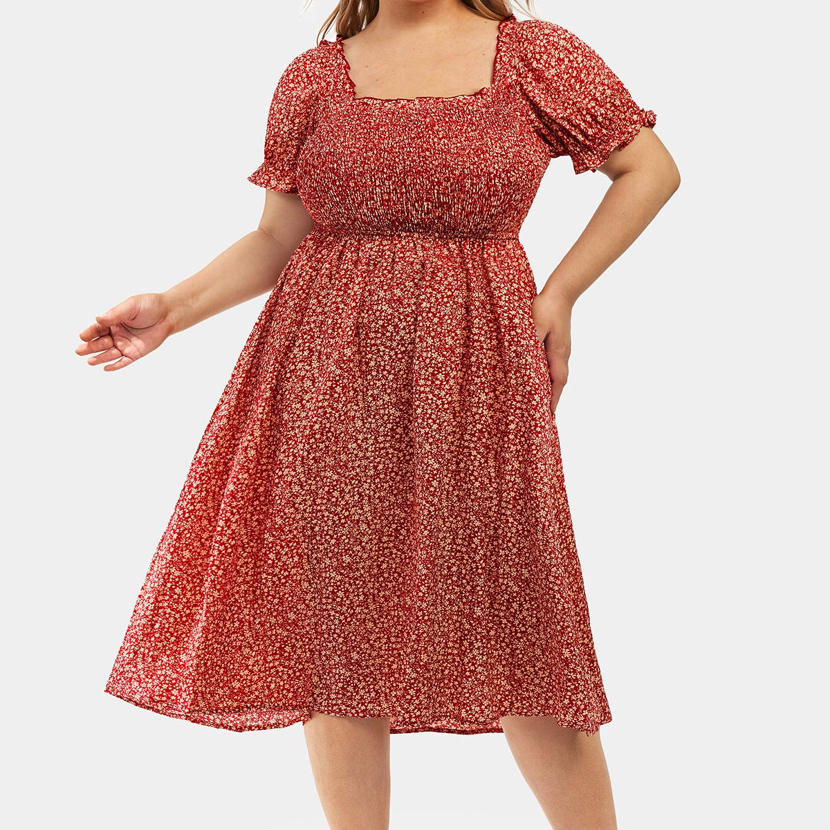 Disty Floral Square Neck Puff Sleeves Midi Dress