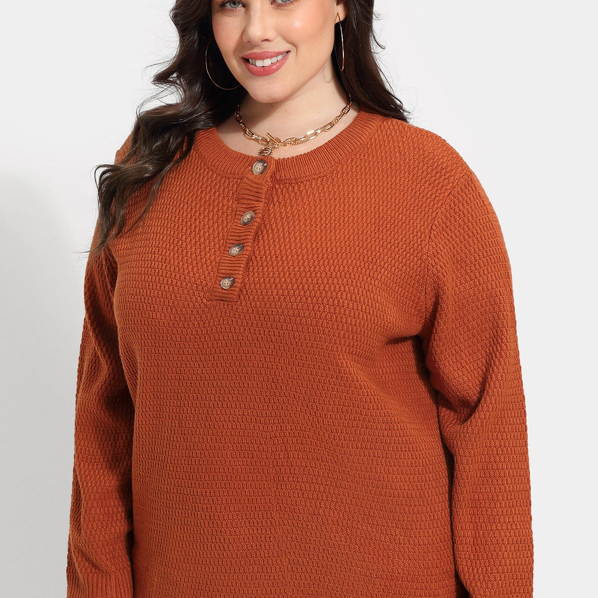 Einfarbiger Kaschmir-Strickpullover mit Rundhalsausschnitt und Knopfleiste