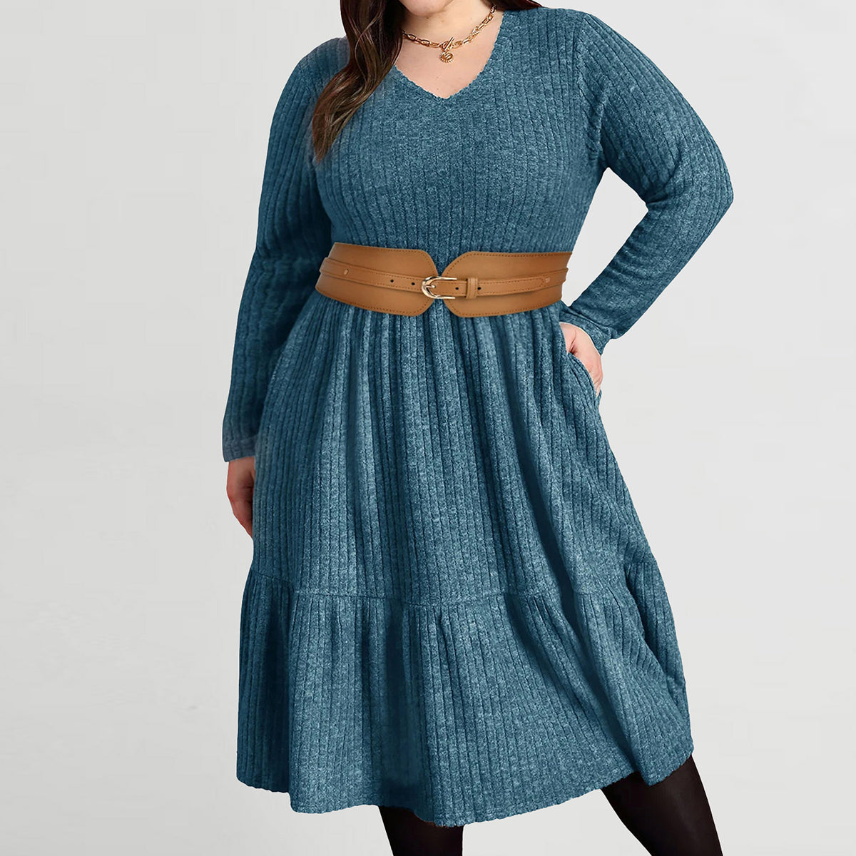 Pockets Rib Knit Elastic Midi Dress