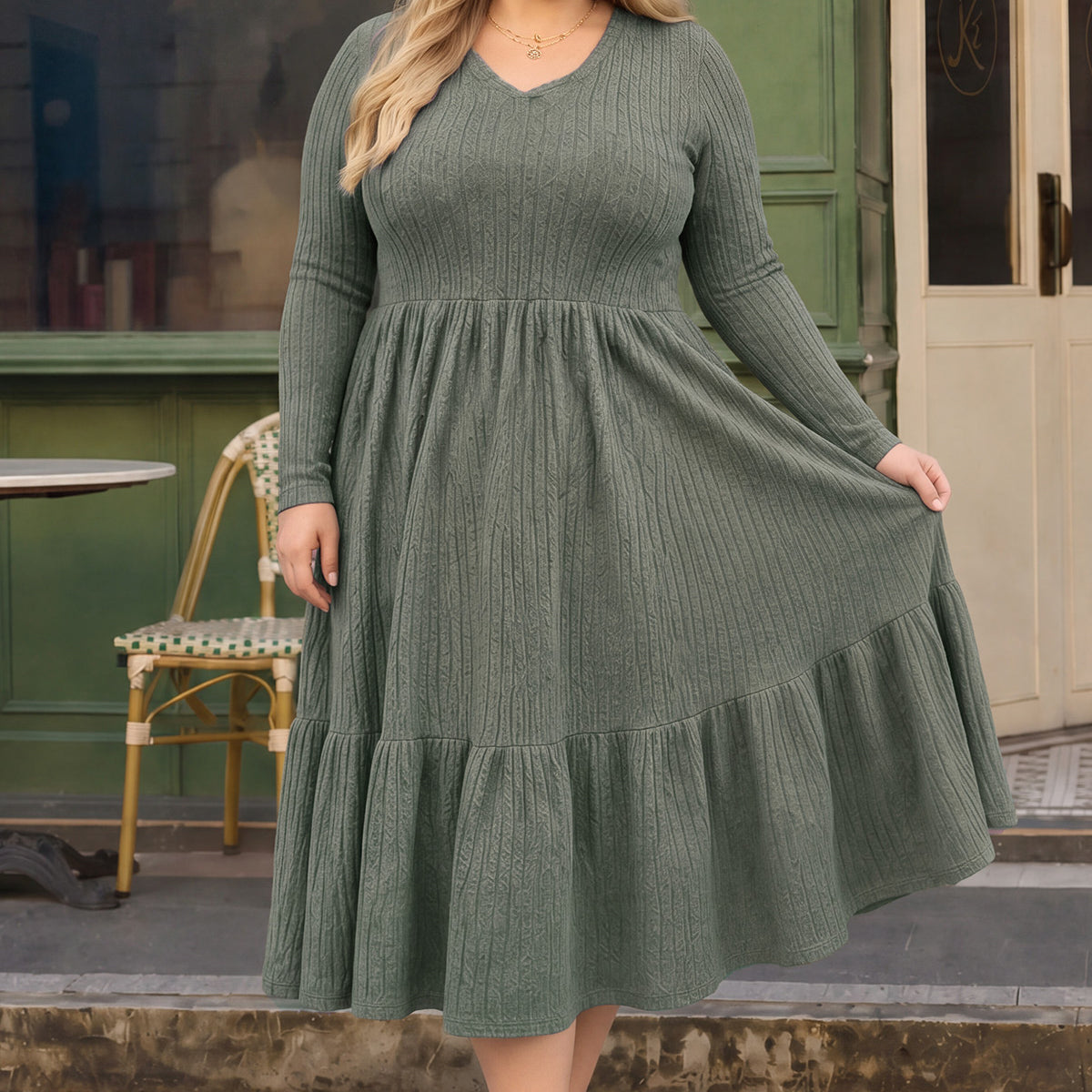 Solid Rib Knit Ruffle Hem V-neck Midi Dress With Pockets