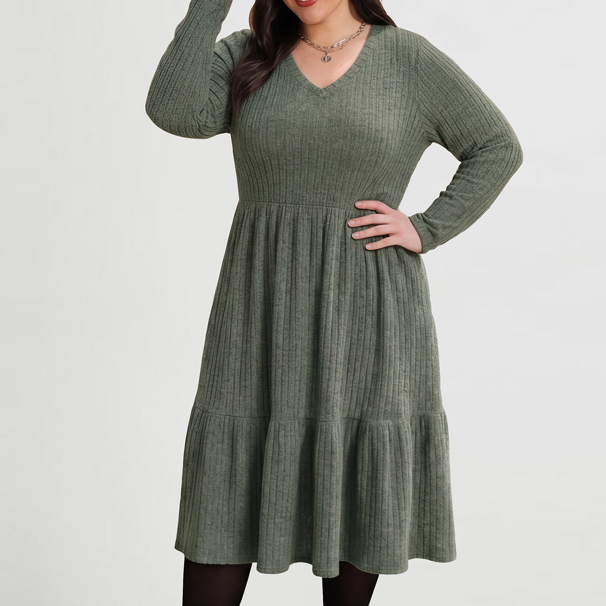 Pockets Rib Knit Elastic Midi Dress