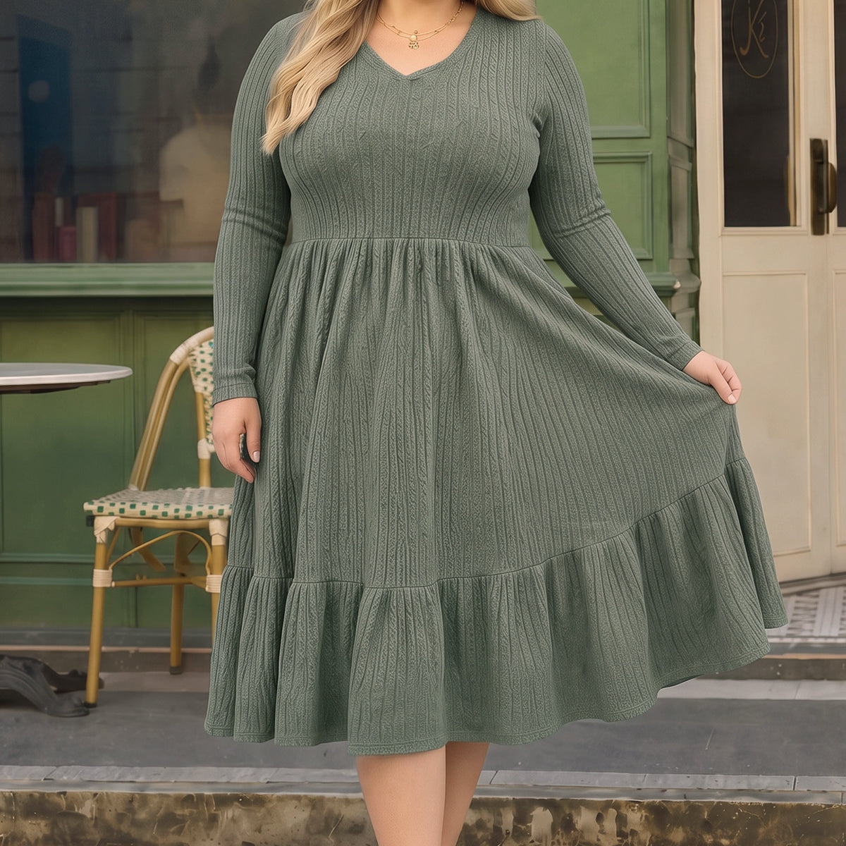 Solid Rib Knit Ruffle Hem V-neck Midi Dress With Pockets