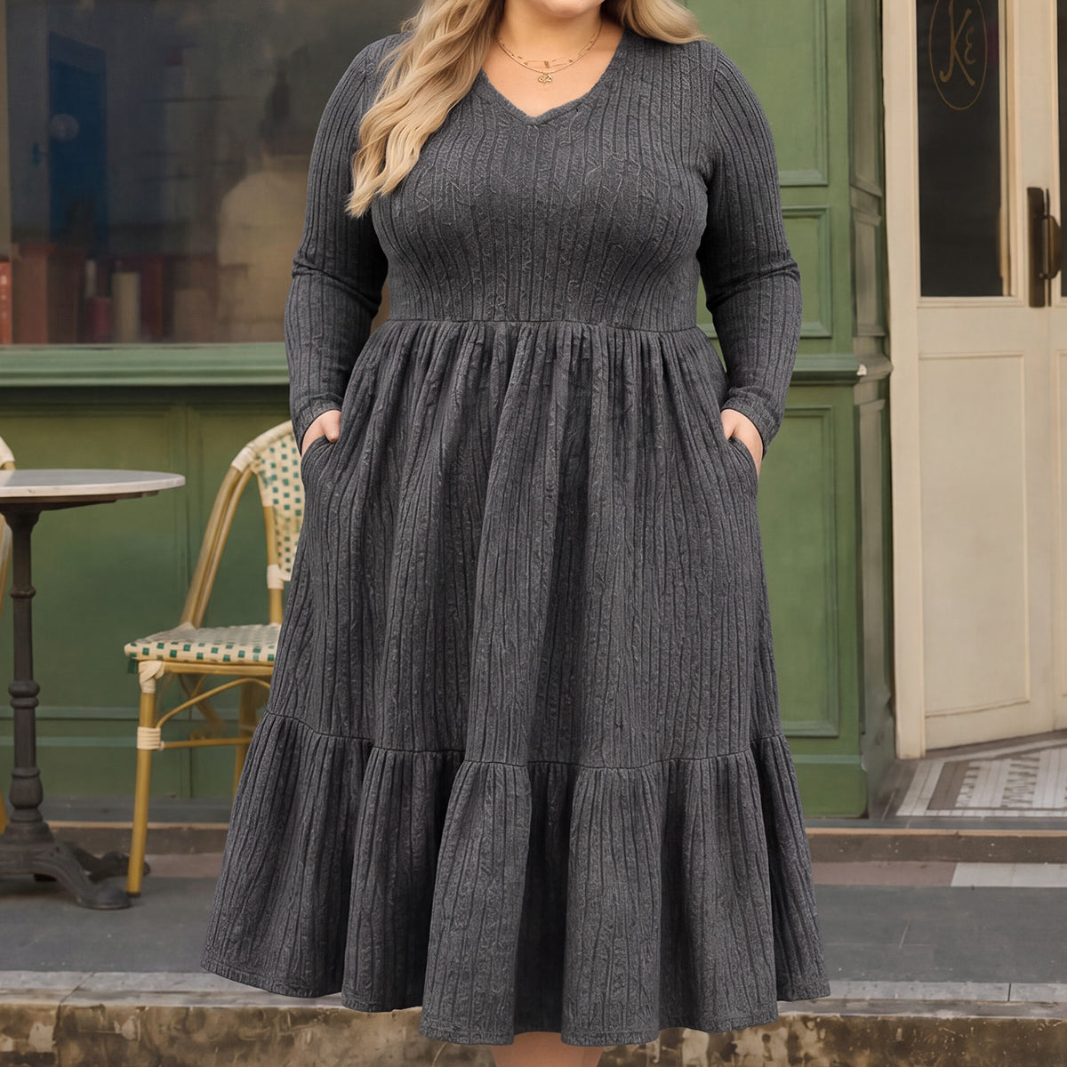 Solid Rib Knit Ruffle Hem V-neck Midi Dress With Pockets