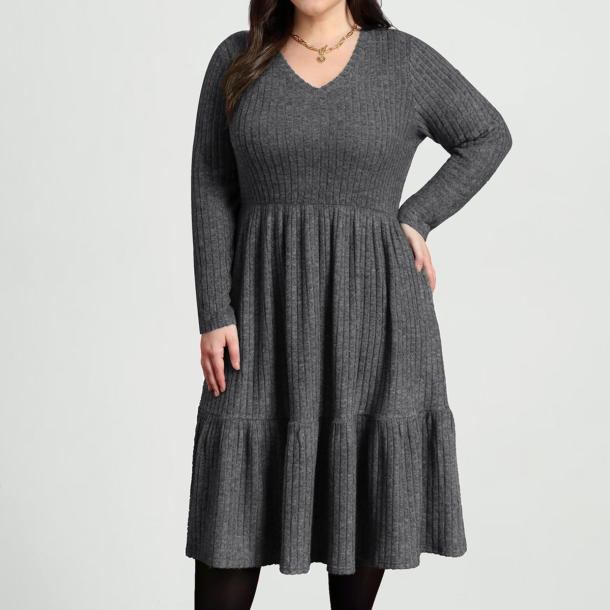 Pockets Rib Knit Elastic Midi Dress