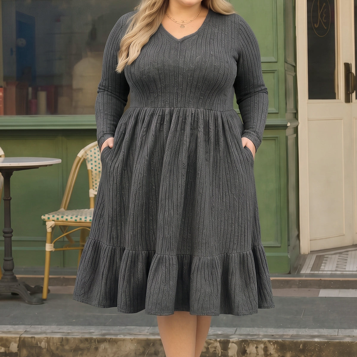 Solid Rib Knit Ruffle Hem V-neck Midi Dress With Pockets