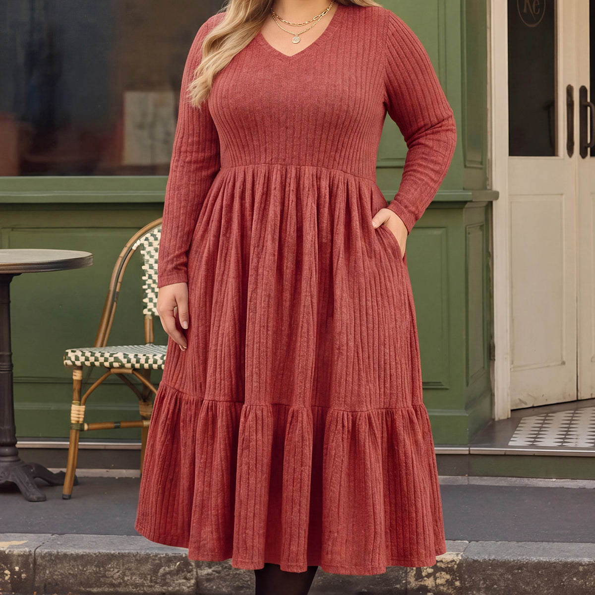 Solid Rib Knit Ruffle Hem V-neck Midi Dress With Pockets