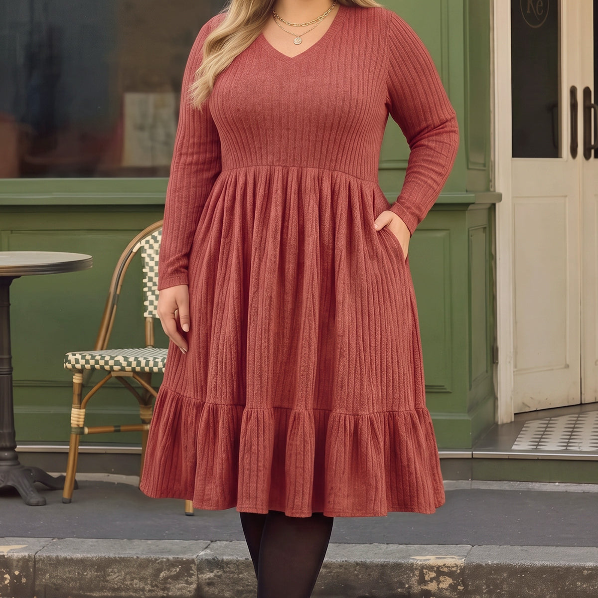 Solid Rib Knit Ruffle Hem V-neck Midi Dress With Pockets