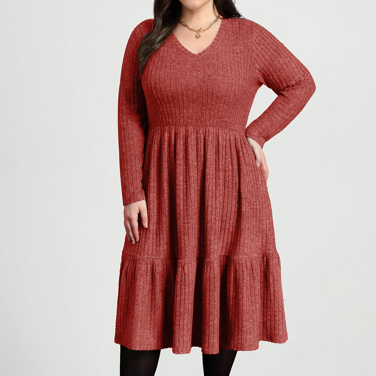 Pockets Rib Knit Elastic Midi Dress