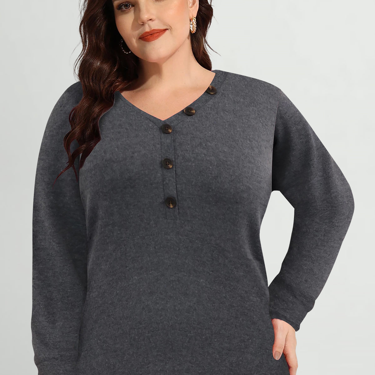 Chemise à manches longues et col en V à boutons solides essentiels