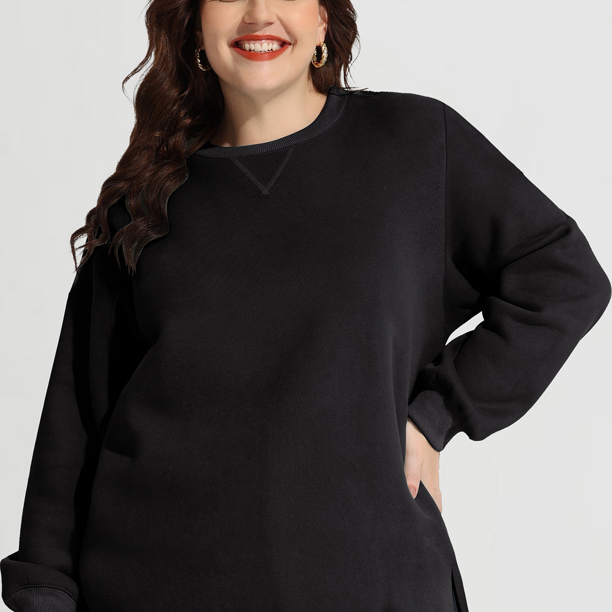 Sweat-shirt basique à manches longues et ourlet fendu uni