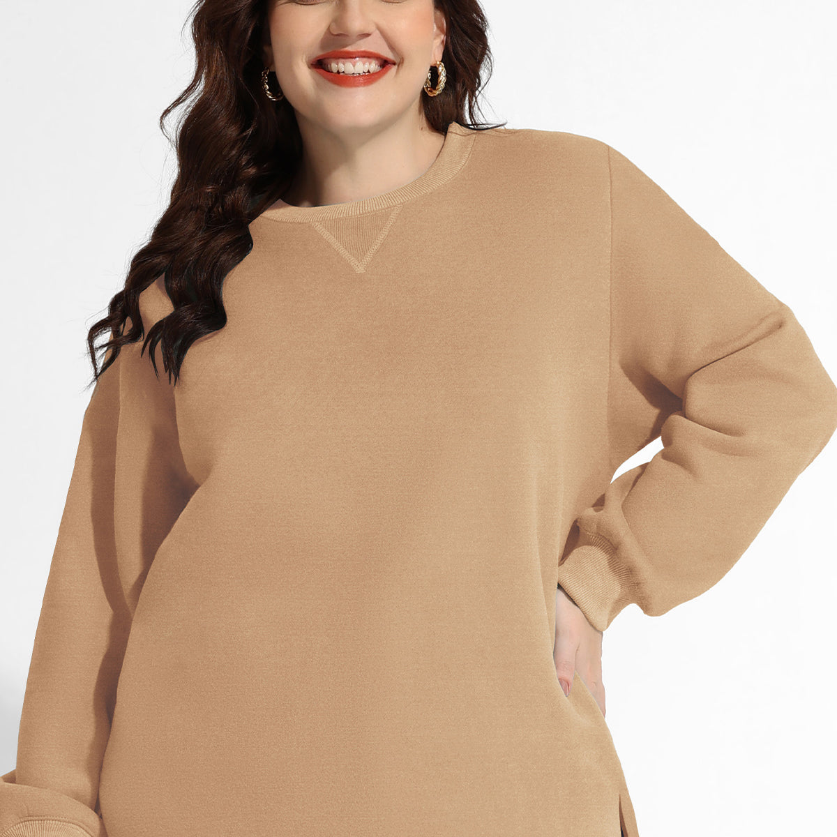 Einfarbiges, langärmliges Basic-Sweatshirt mit geteiltem Saum