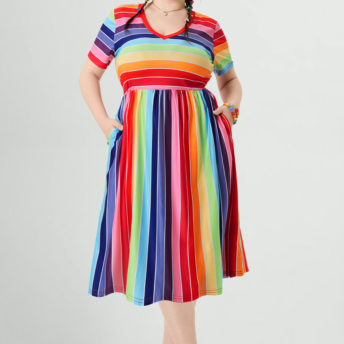 Pockets Elastic Rainbow Striped Midi Dress