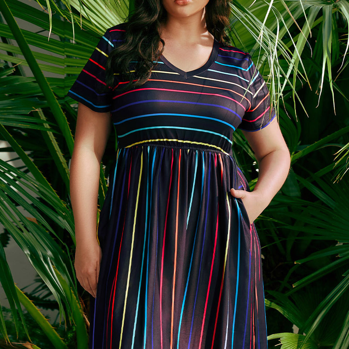 Pockets Elastic Rainbow Striped Midi Dress