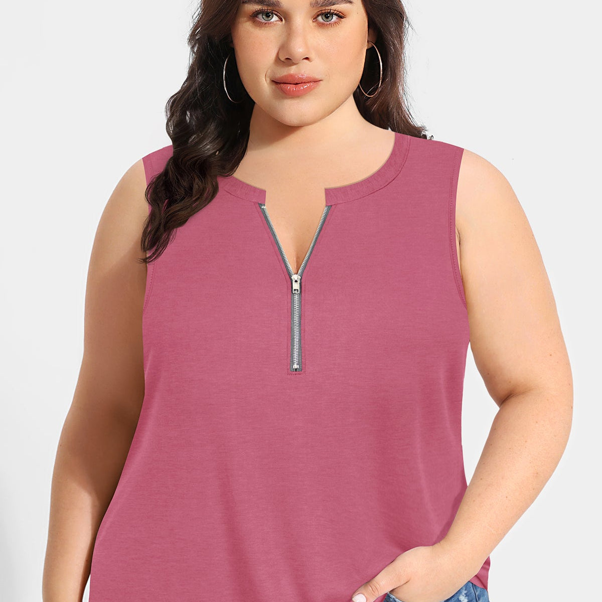 Débardeur uni à col en V cranté et fermeture éclair