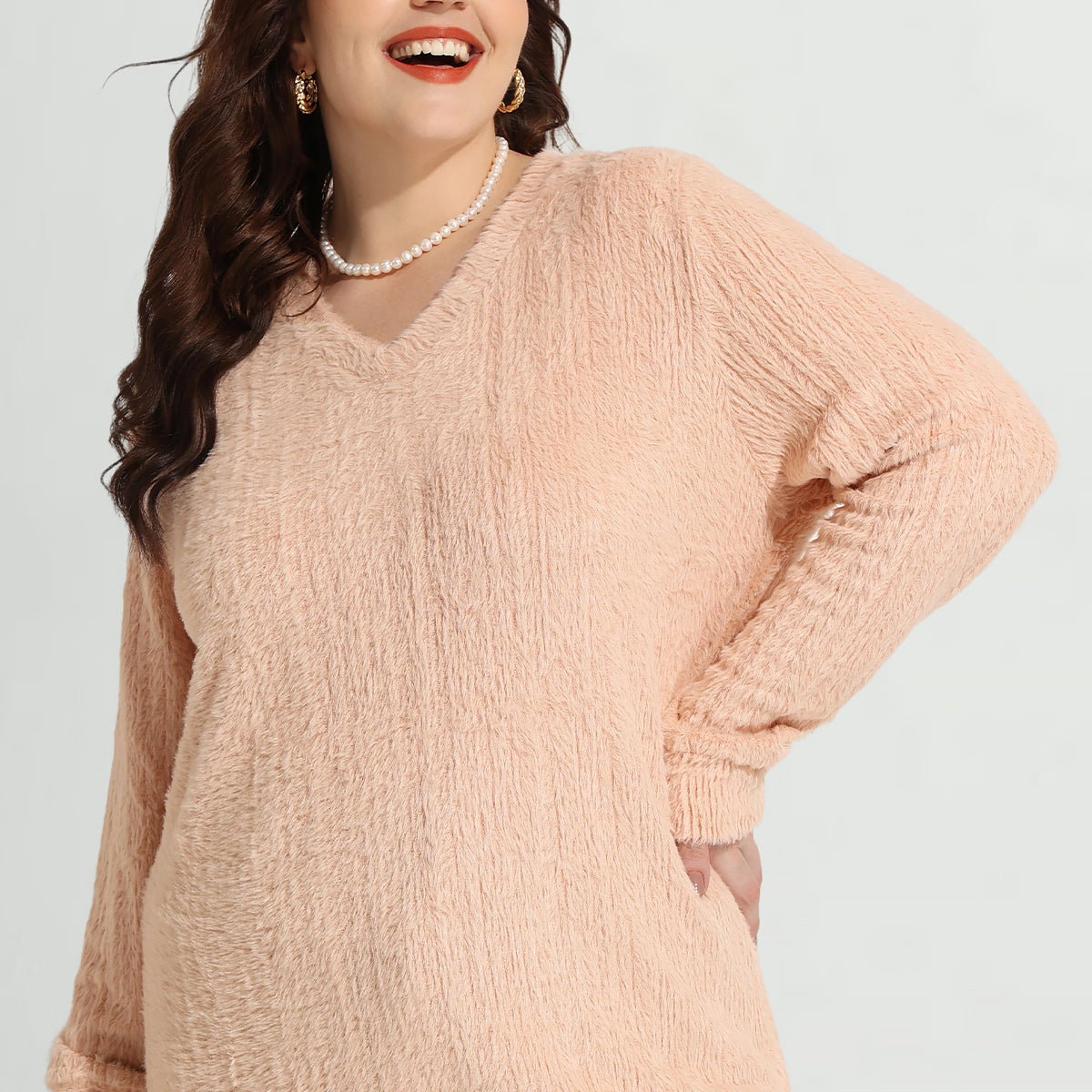 Strukturierter V-Ausschnitt Strickpullover aus Samt mit langen Ärmeln