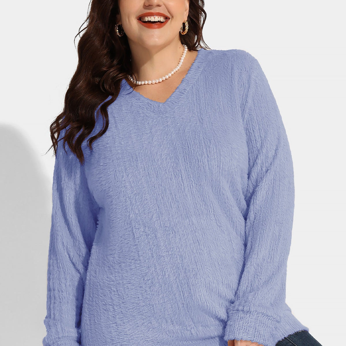 Strukturierter V-Ausschnitt Strickpullover aus Samt mit langen Ärmeln