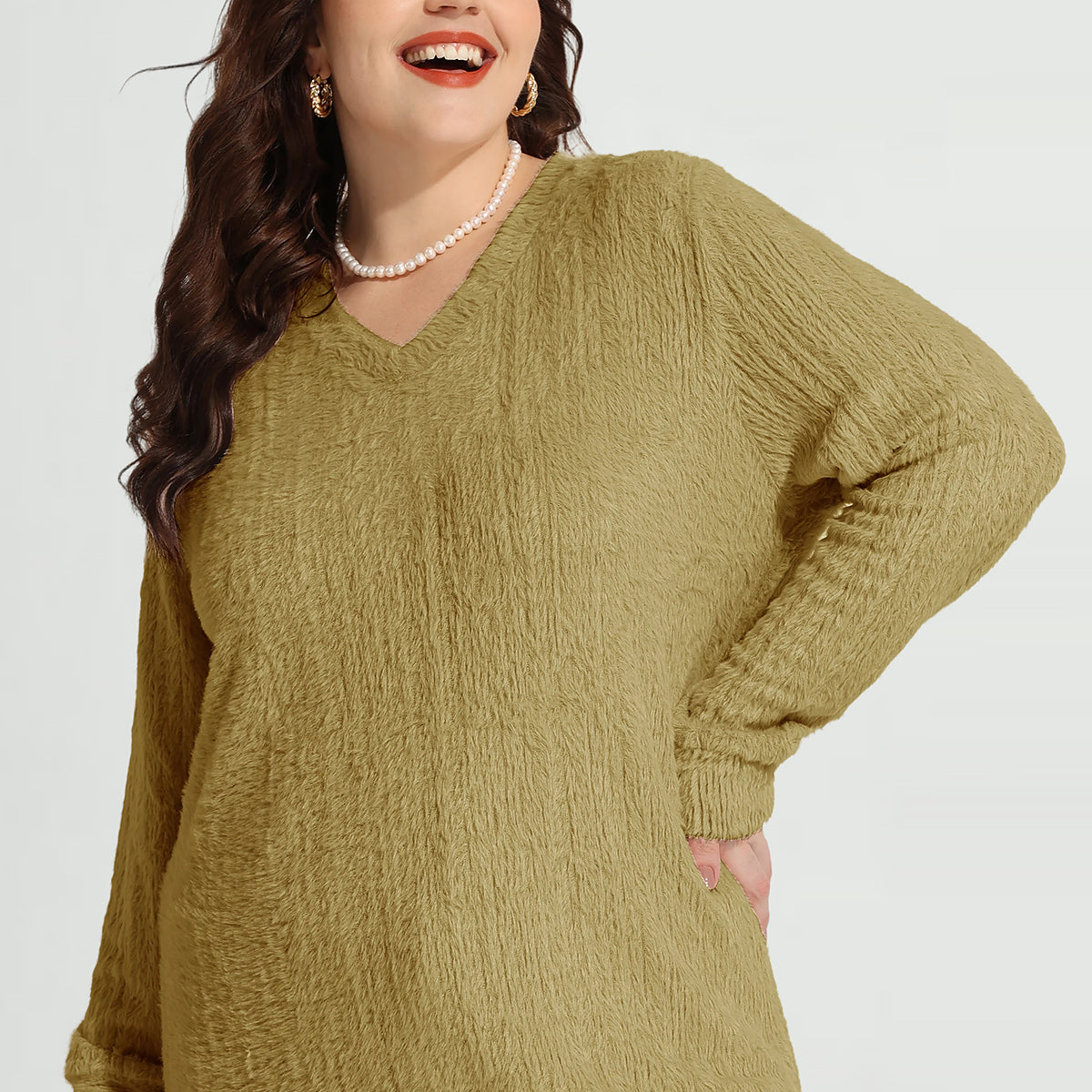 Strukturierter V-Ausschnitt Strickpullover aus Samt mit langen Ärmeln