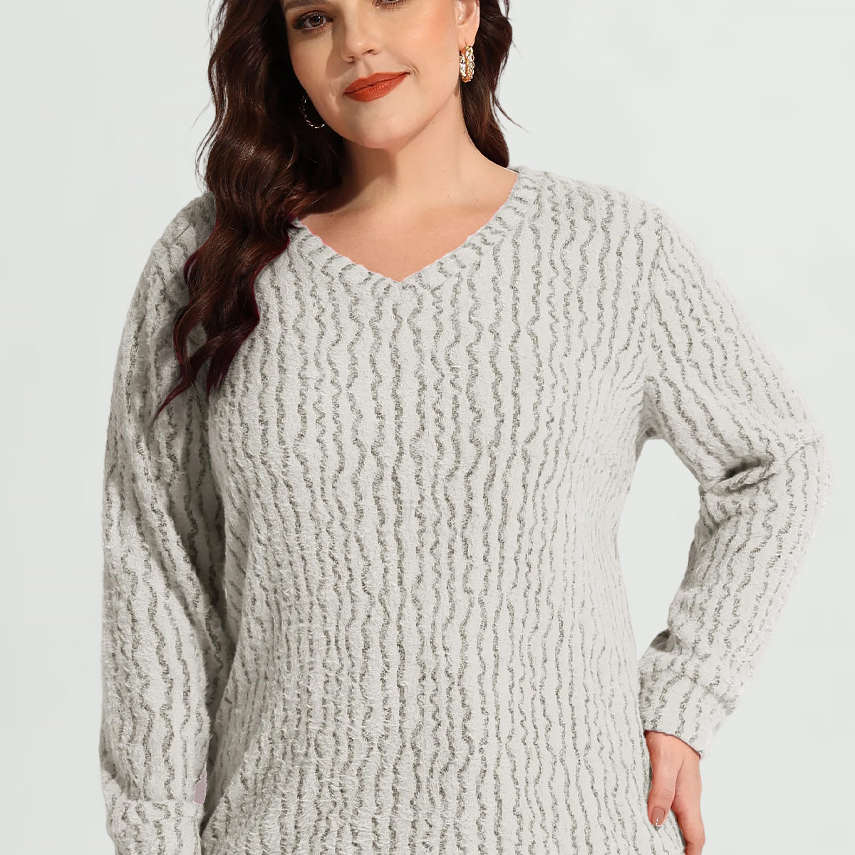 Strukturierter V-Ausschnitt Strickpullover aus Samt mit langen Ärmeln