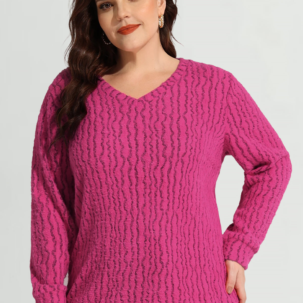 Strukturierter V-Ausschnitt Strickpullover aus Samt mit langen Ärmeln