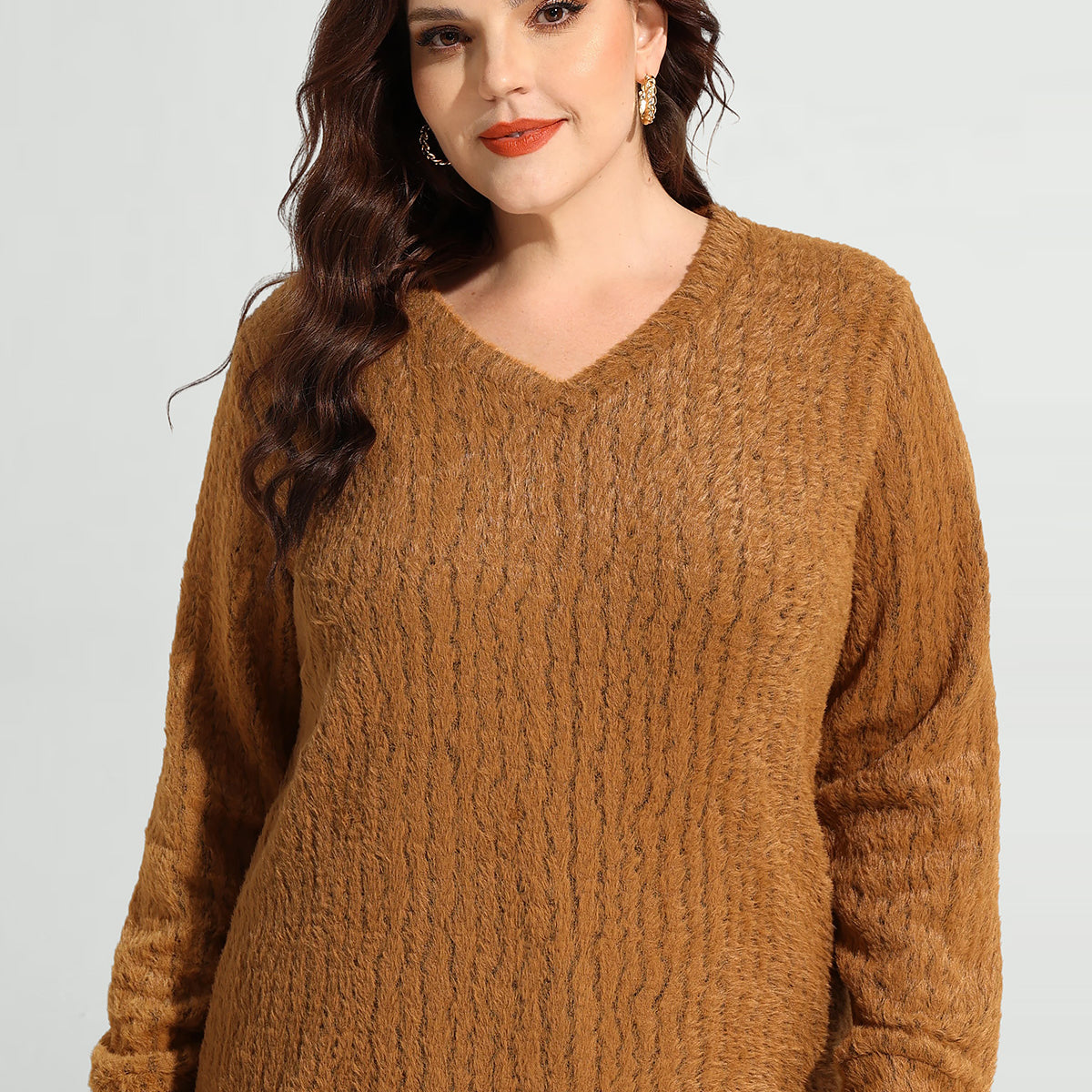 Strukturierter V-Ausschnitt Strickpullover aus Samt mit langen Ärmeln