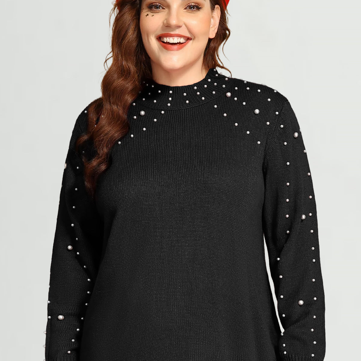 Pull ras du cou à manches longues et orné de perles