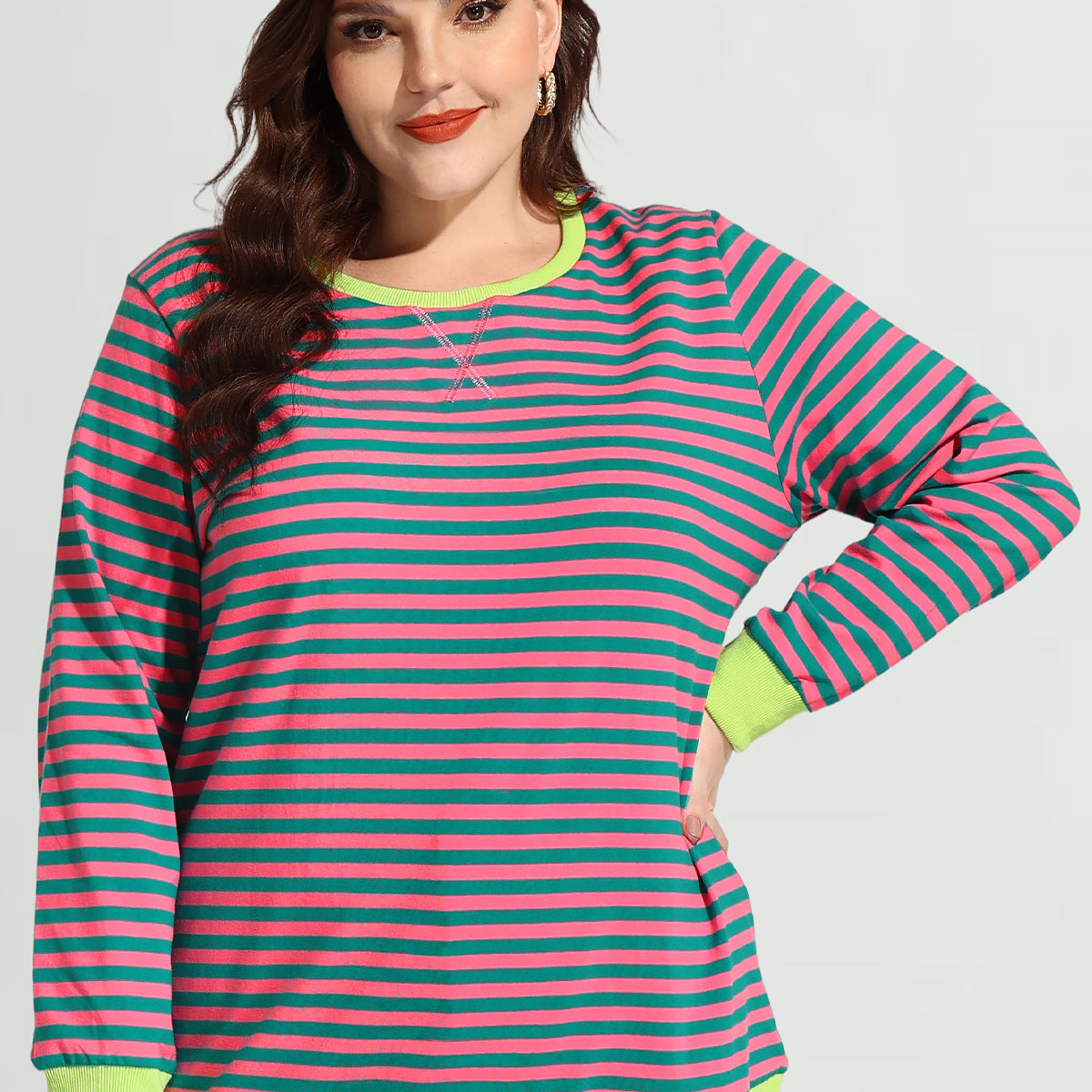 Sweat-shirt à manches longues élastique à rayures et patchwork Ritera