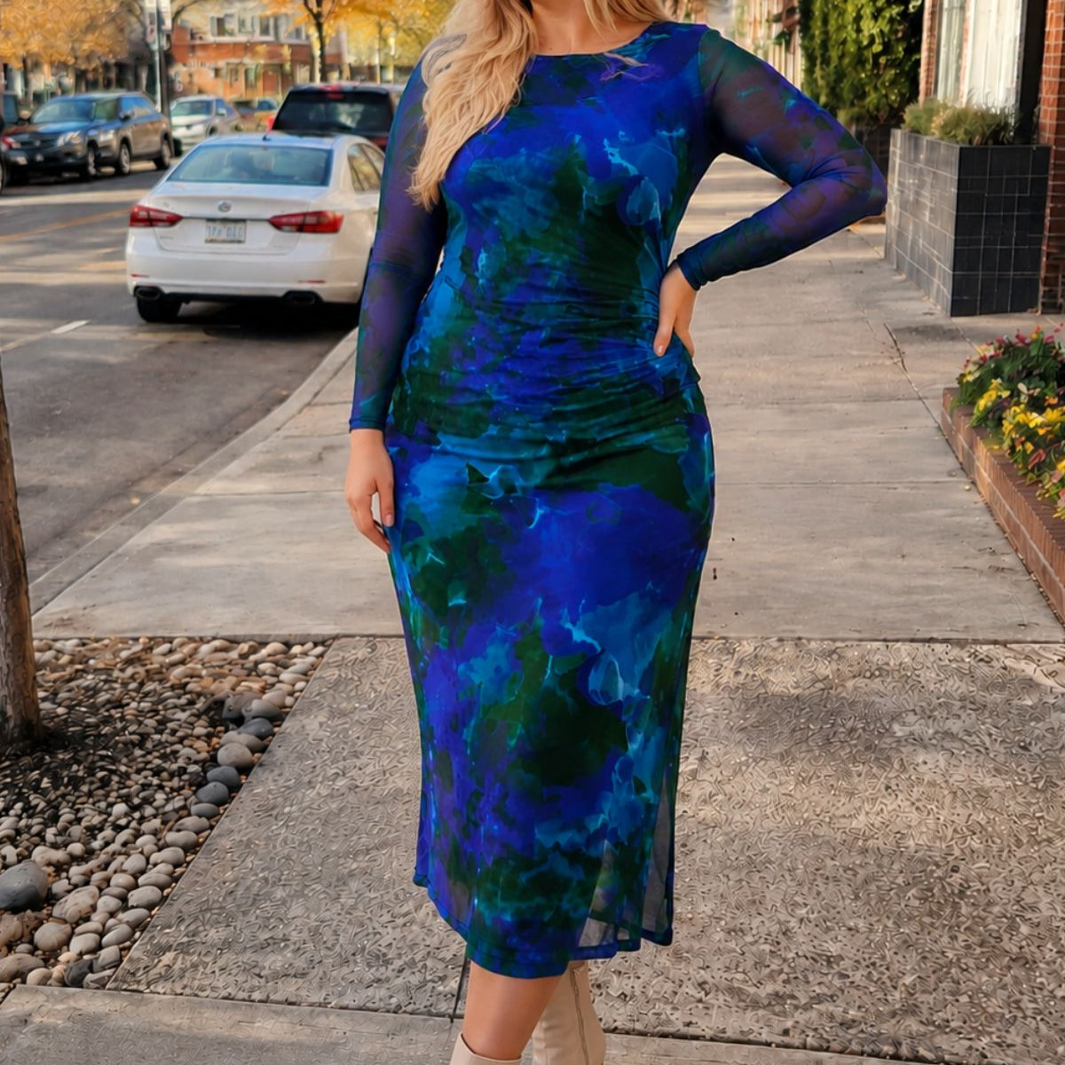 Ritera Plaid Ruched Chic Bodycon Cocktail Midi Dress