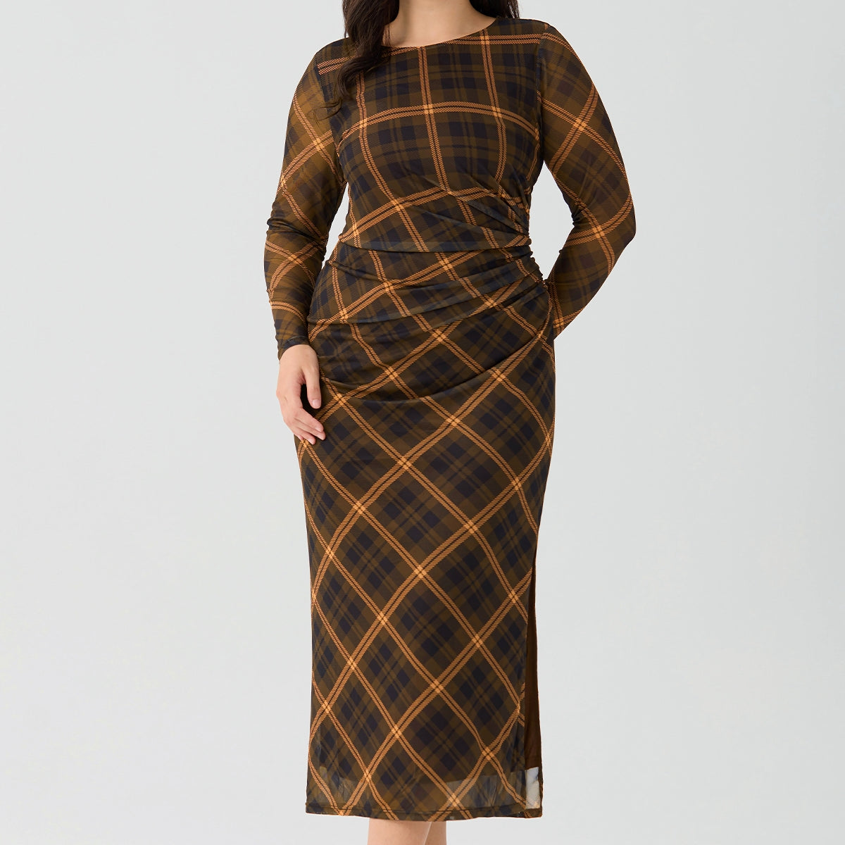 Ritera Plaid Ruched Chic Bodycon Cocktail Midi Dress