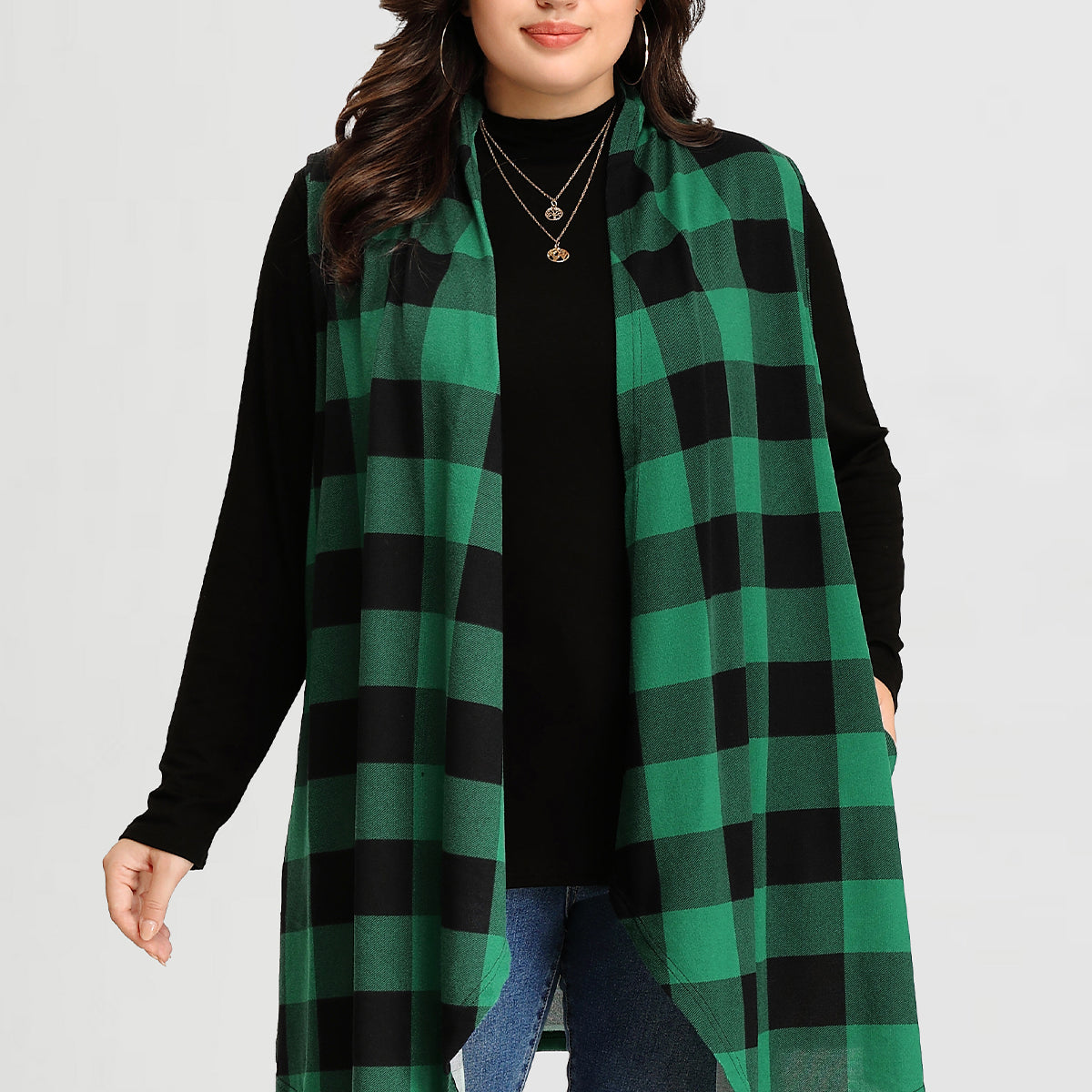 Manteau long sans manches à rayures et carreaux