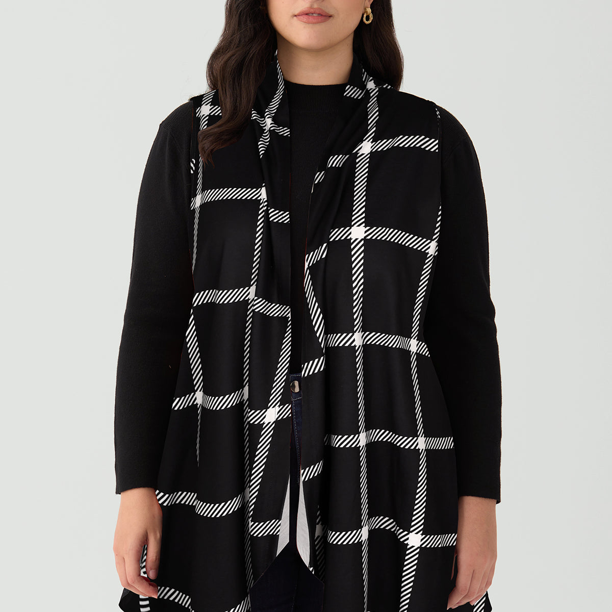 Manteau long sans manches à rayures et carreaux