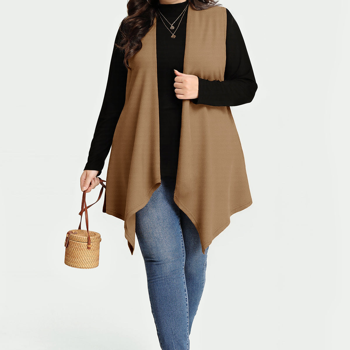 Langer ärmelloser Mantel mit Karomuster und Streifen