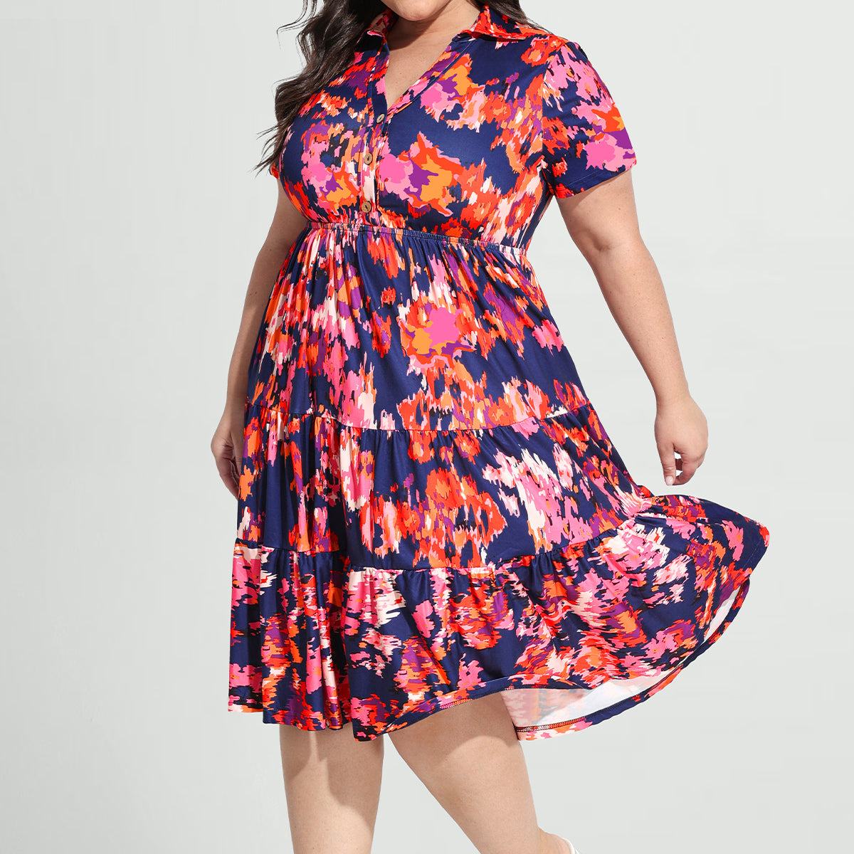 Ritera Pockets Tropical Floral Polo Neck Shirred Midi Dress