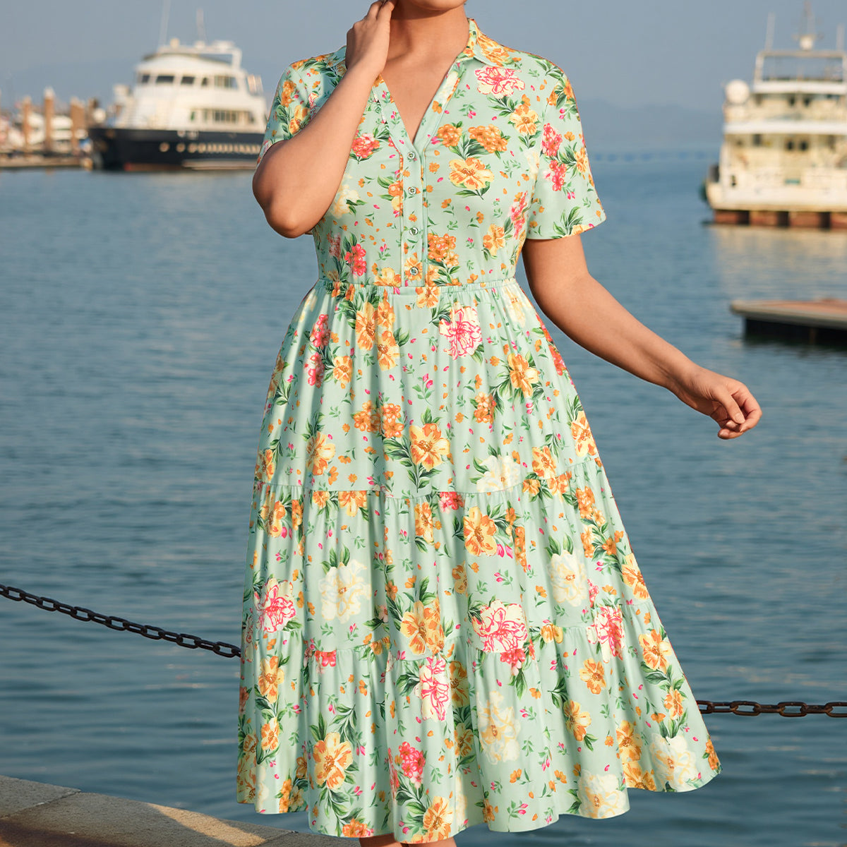 Floral Print Button Front V Neck Midi Dress