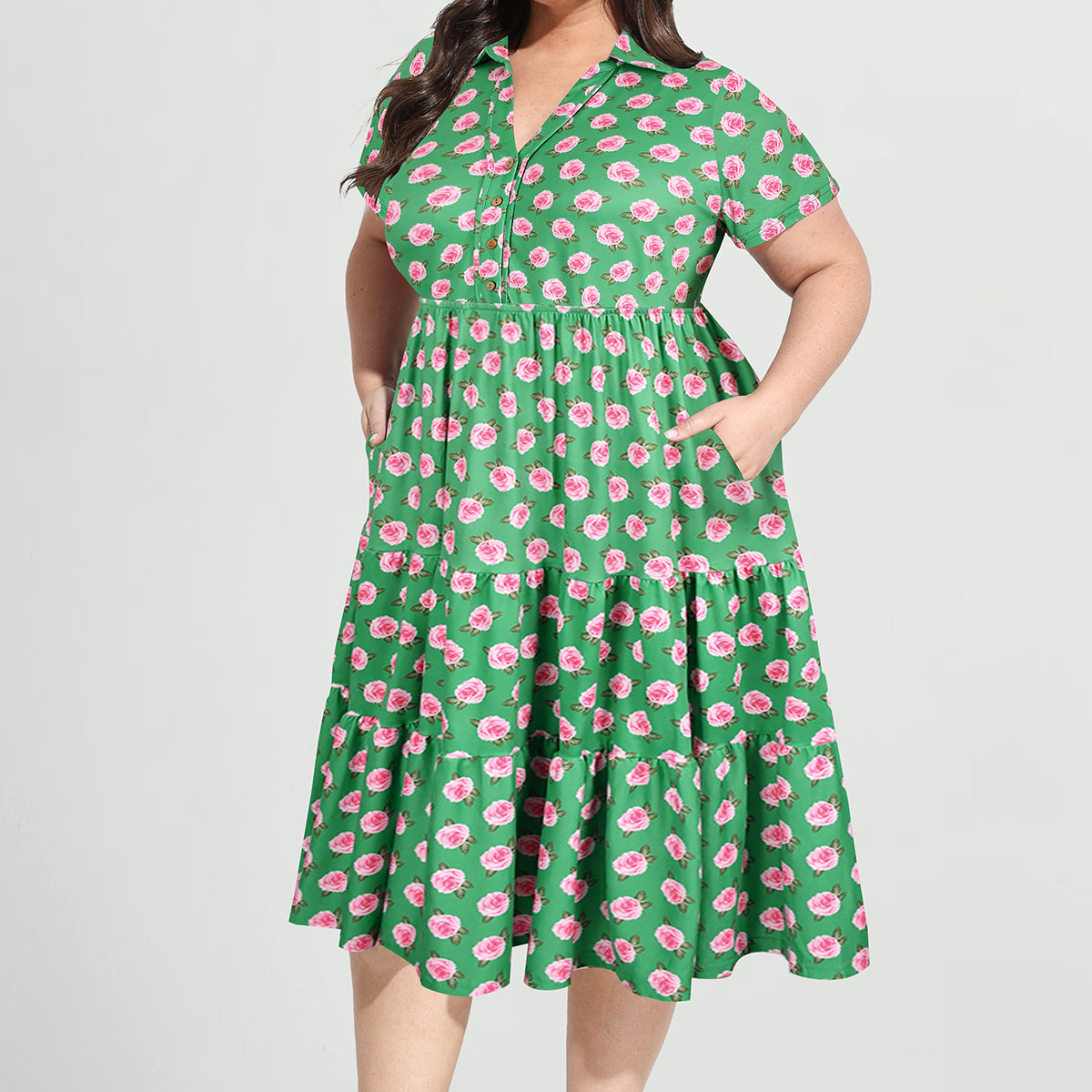 Ritera Pockets Vibrant Floral Polo Neck Tiered Midi Dress