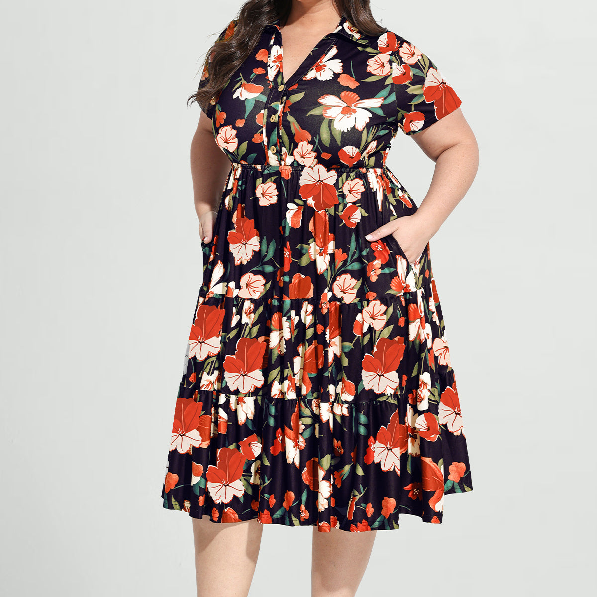 Ritera Pockets Vibrant Floral Polo Neck Tiered Midi Dress