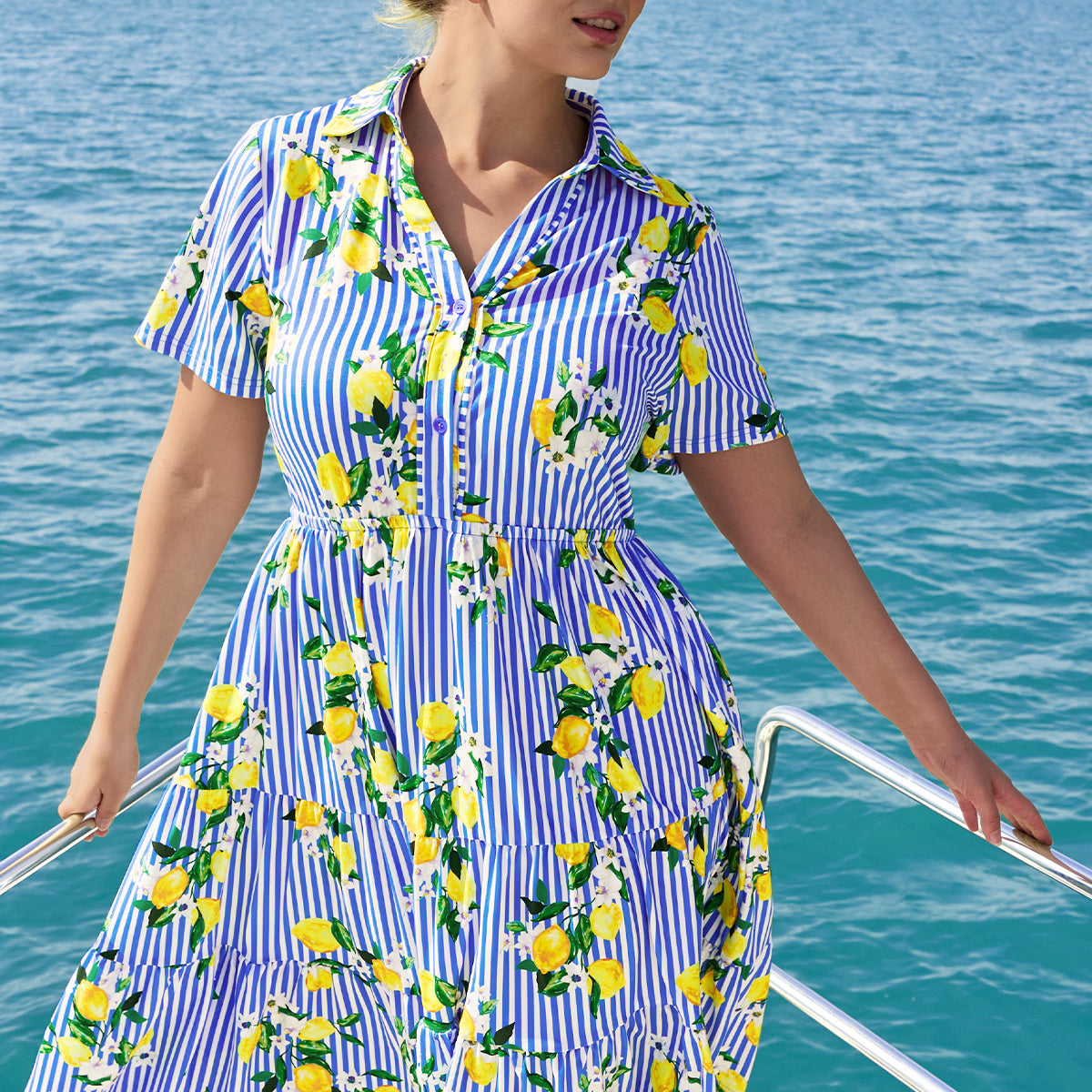 Ditsy Shirt Collar Elastic Waist Midi Dress