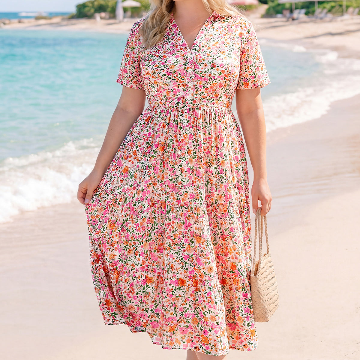 Ditsy Shirt Collar Elastic Waist Midi Dress