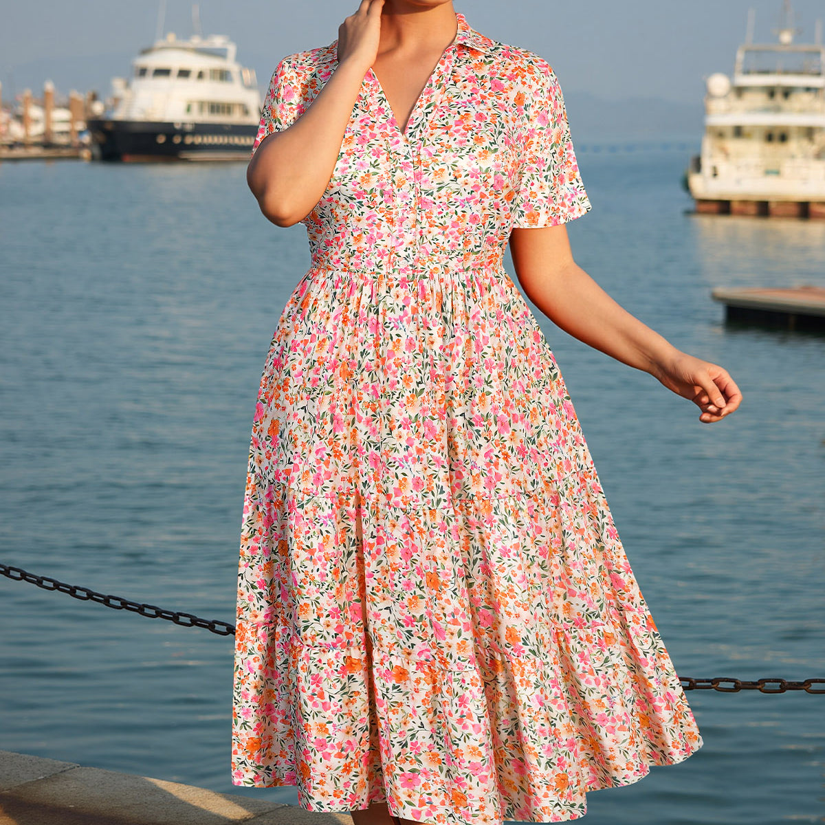 Ditsy Shirt Collar Elastic Waist Midi Dress