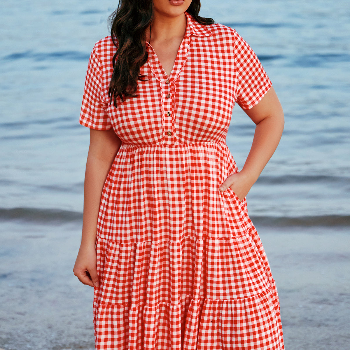 Ritera Pockets Tropical Floral Polo Neck Shirred Midi Dress