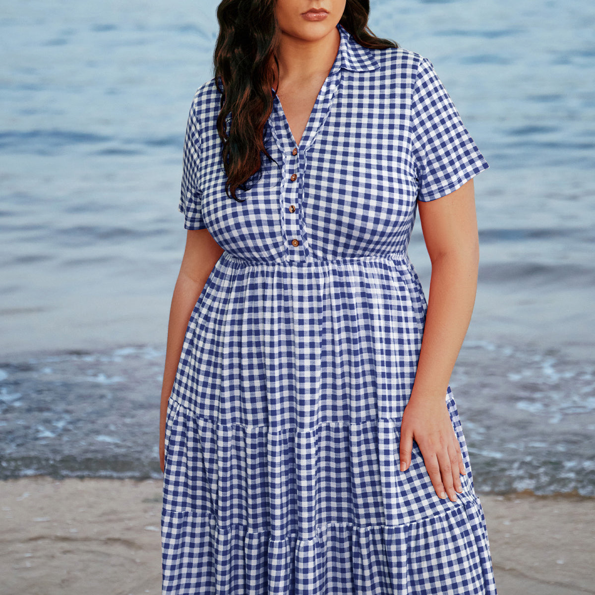 Ritera Pockets Plaid Button Up Polo Neck Shirred Midi Dress