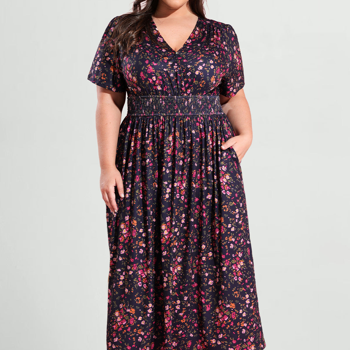 Ritera Pockets Smocked Waist Floral Print A-line Maxi Dress