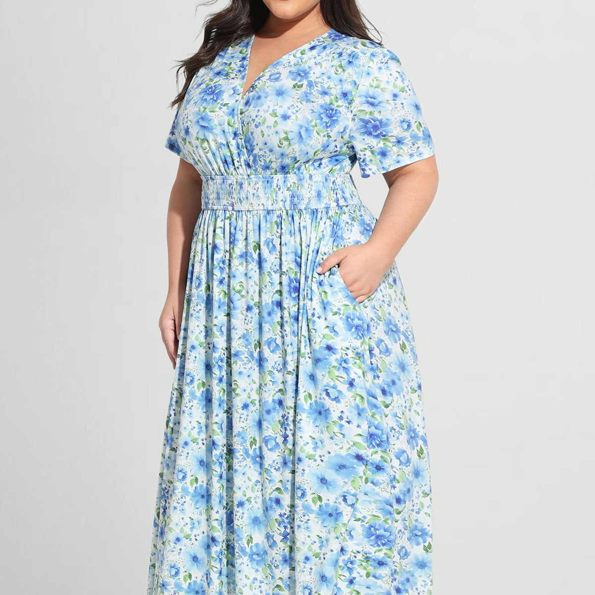 Robe longue trapèze fleurie à taille élastique et poches Ritera