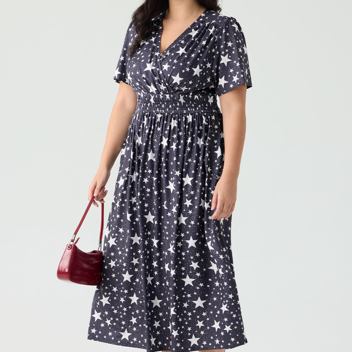 Geometric Print Smocked Waist V-Neck Midi Dress