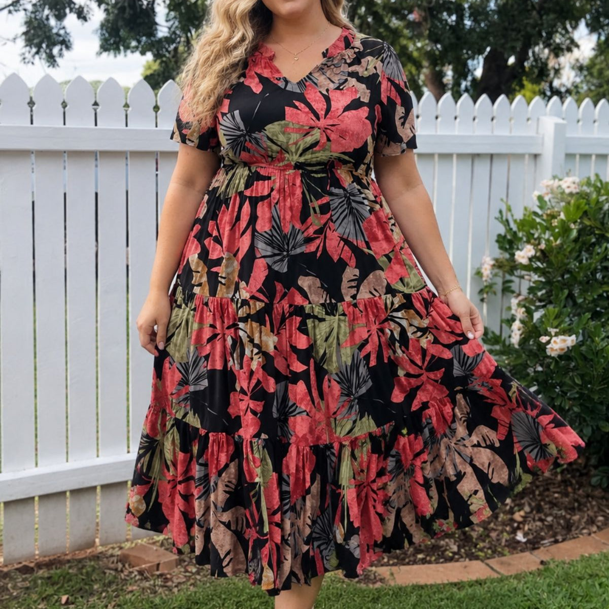Pockets Elastic Floral Midi Dress